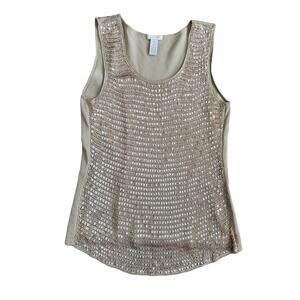 Chicos Beige Sequin Crochet Knit Sleeveless Top Scoop Neck Size 1 M Boho Neutral